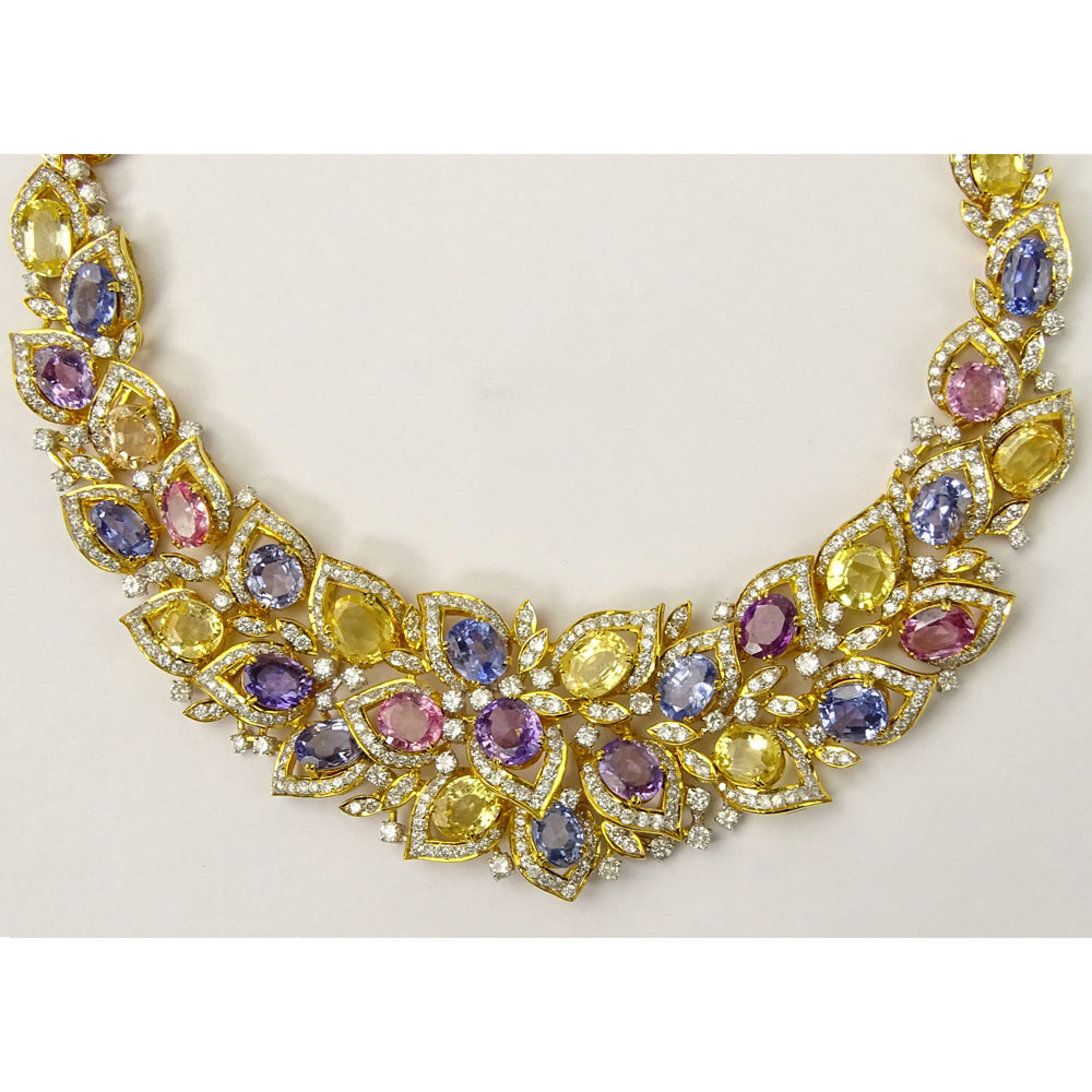 Modern 91.66 Carat Fancy Sapphire, 14.78 Fancy Diamond and 18 Karat Yellow and White Gold Necklace. 