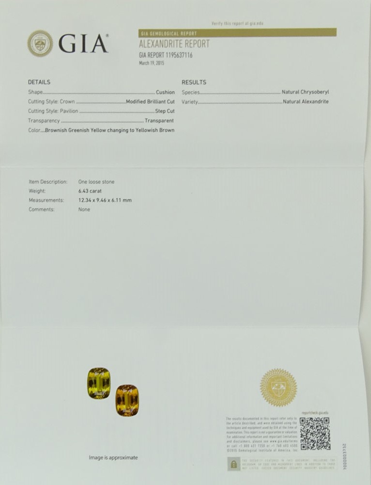 Rare GIA Certified 6.43 Carat Cushion Cut Alexandrite, 1.06 Carat Round Cut Diamond and 18 Karat White Gold Ring. 