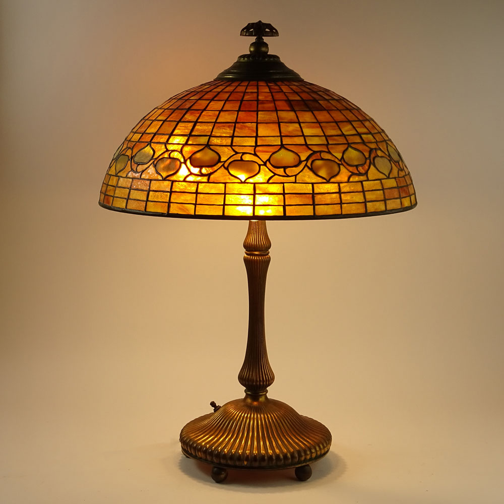 Tiffany Studios Table Lamp with Acorn Shade on Gilt Bronze Mushroom Base and Rare Spider Finial.