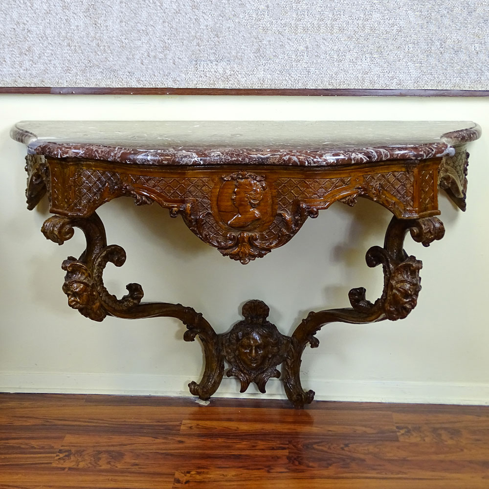 18th Century French Carved Fruitwood Wall Hung Console with Later Marble Top.