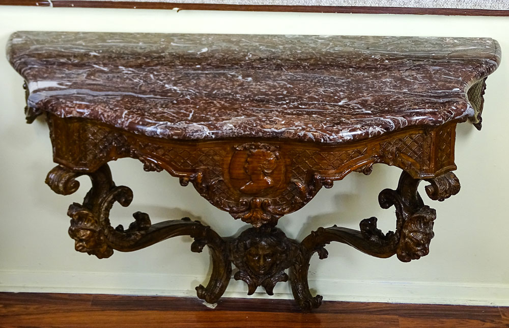 18th Century French Carved Fruitwood Wall Hung Console with Later Marble Top.