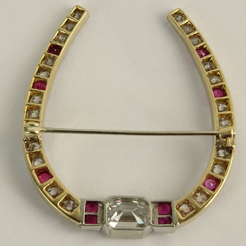 Vintage Diamond, Ruby and 18 Karat Gold Horseshoe Brooch Set.