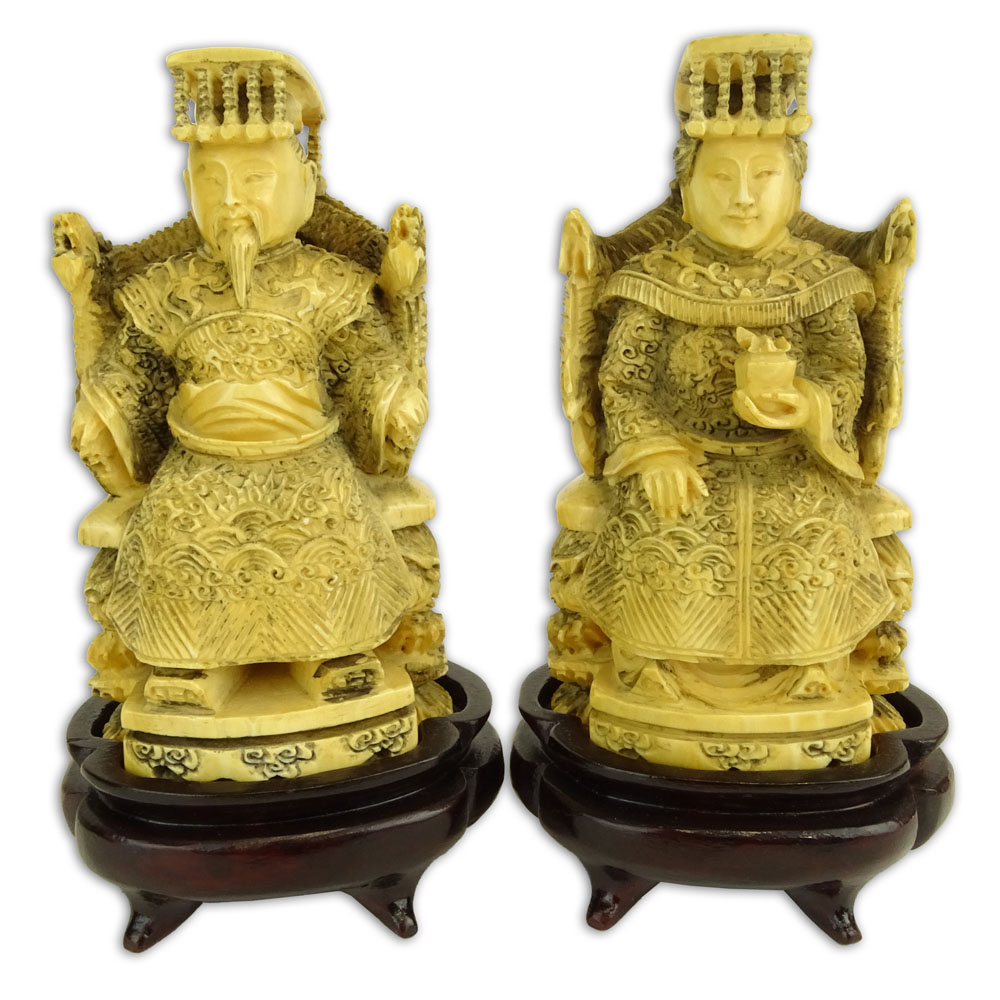 Pair of Antique Chinese Carved Ivory Emperor and Empress Figurines on Hardwood Stands.