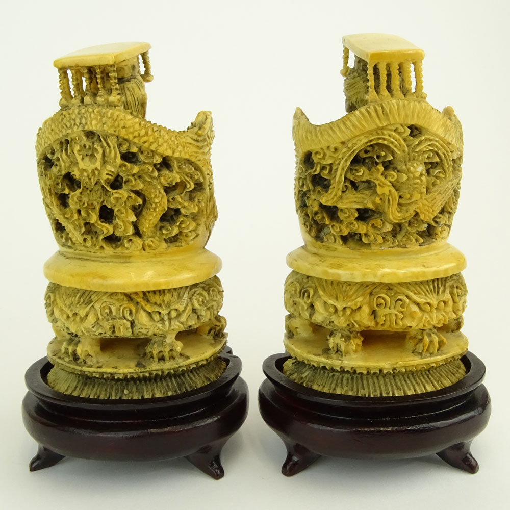Pair of Antique Chinese Carved Ivory Emperor and Empress Figurines on Hardwood Stands.