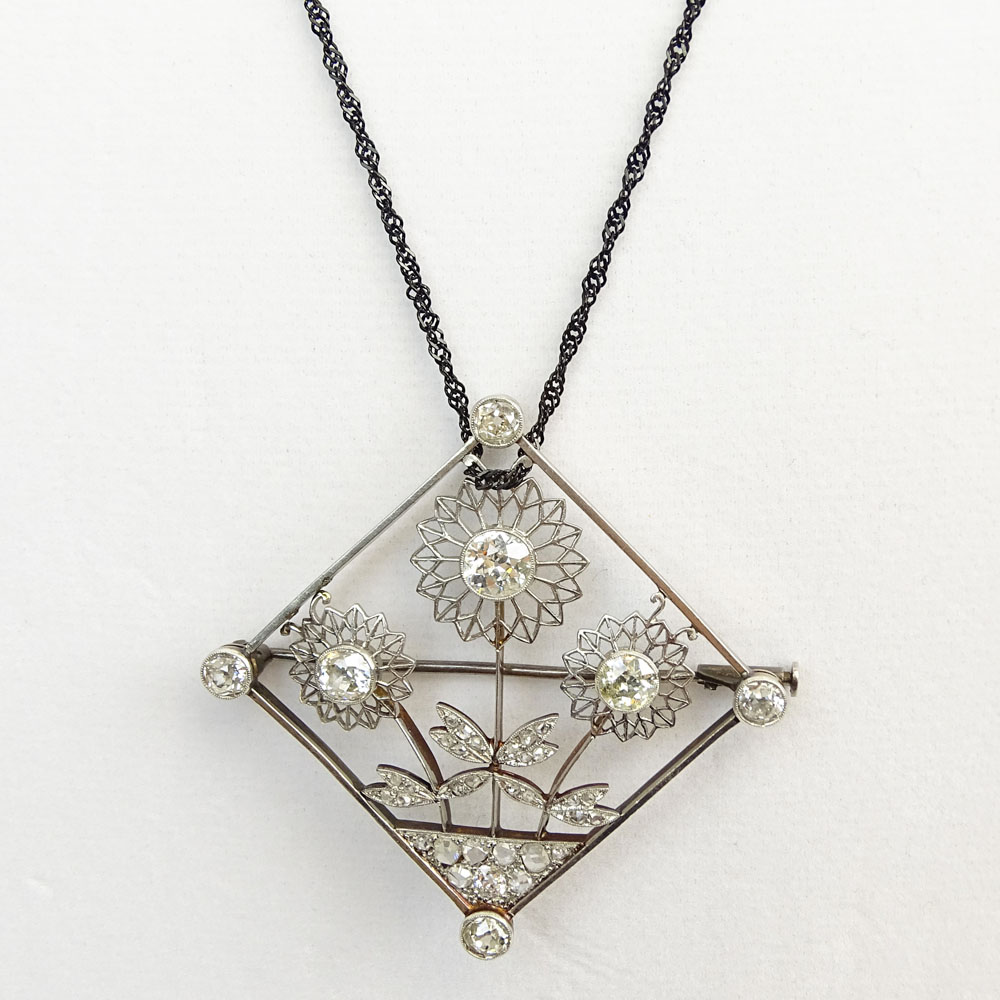 Art Deco Approx. 3.80 Carat European and Rose Cut Diamond and Platinum Brooch/Pendant Necklace.