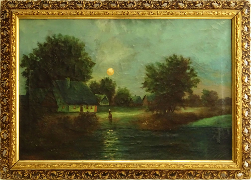 E.W Spranger, German (19/20th C) Oil on canvas "Moon Over The Village"