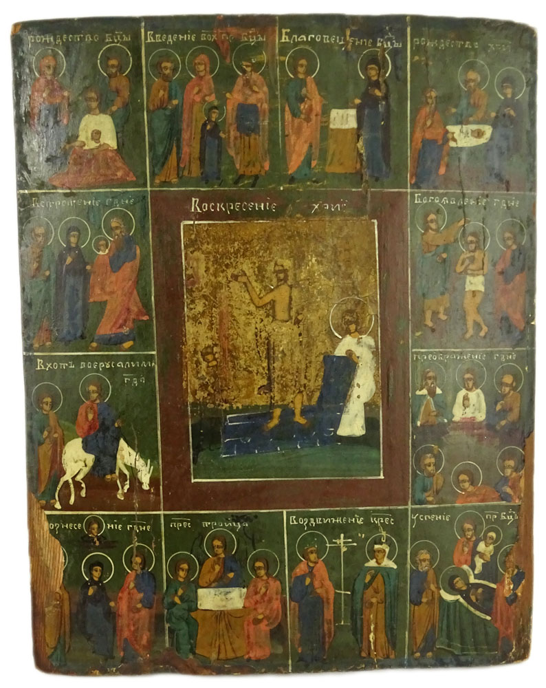 19th Century Russian Hand Painted Icon on Cradled Wood Panel.
