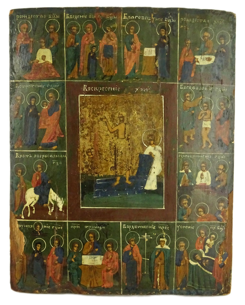 19th Century Russian Hand Painted Icon on Cradled Wood Panel.