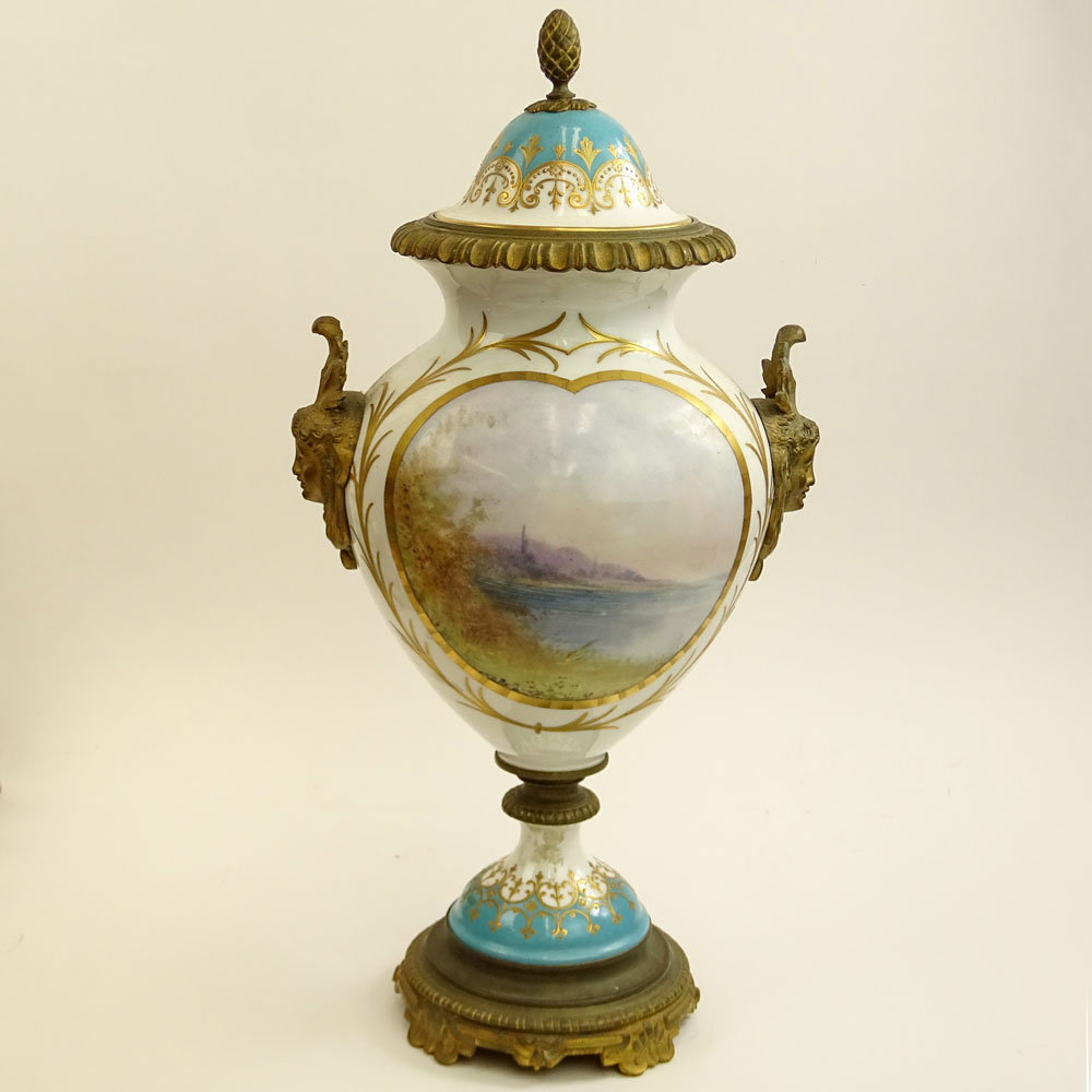Antique Sevres Hand Painted Bronze Mounted Bolted Urn.
