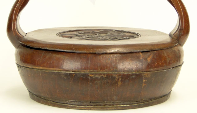 19th Century Chinese Zhejiang Province Lacquered Wood Basket with Carved Cover and Handle.