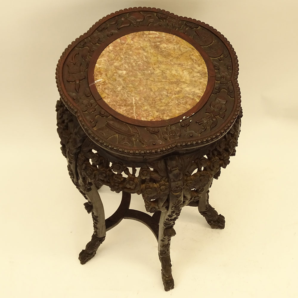 Antique Chinese Carved Hardwood Table with Marble Top.