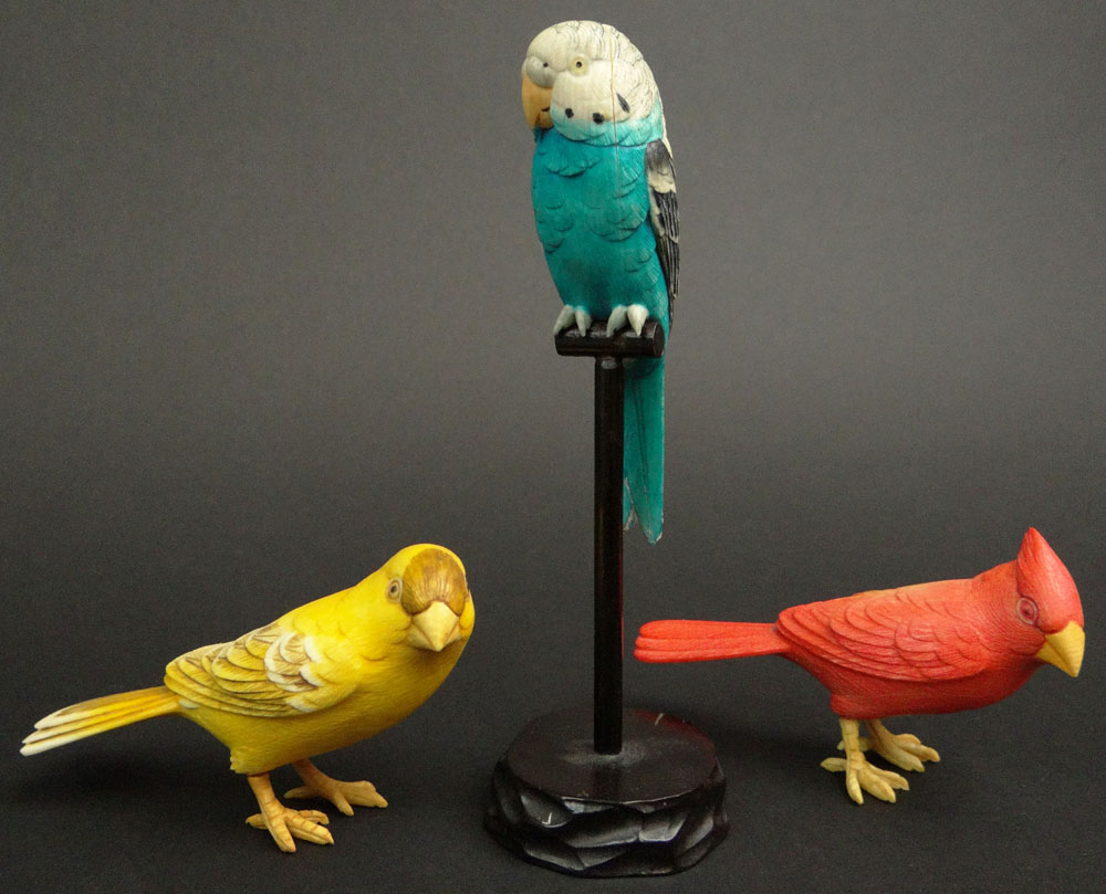 Three (3) Miniature Polychrome Painted Carved Ivory Japanese Okimono Birds.