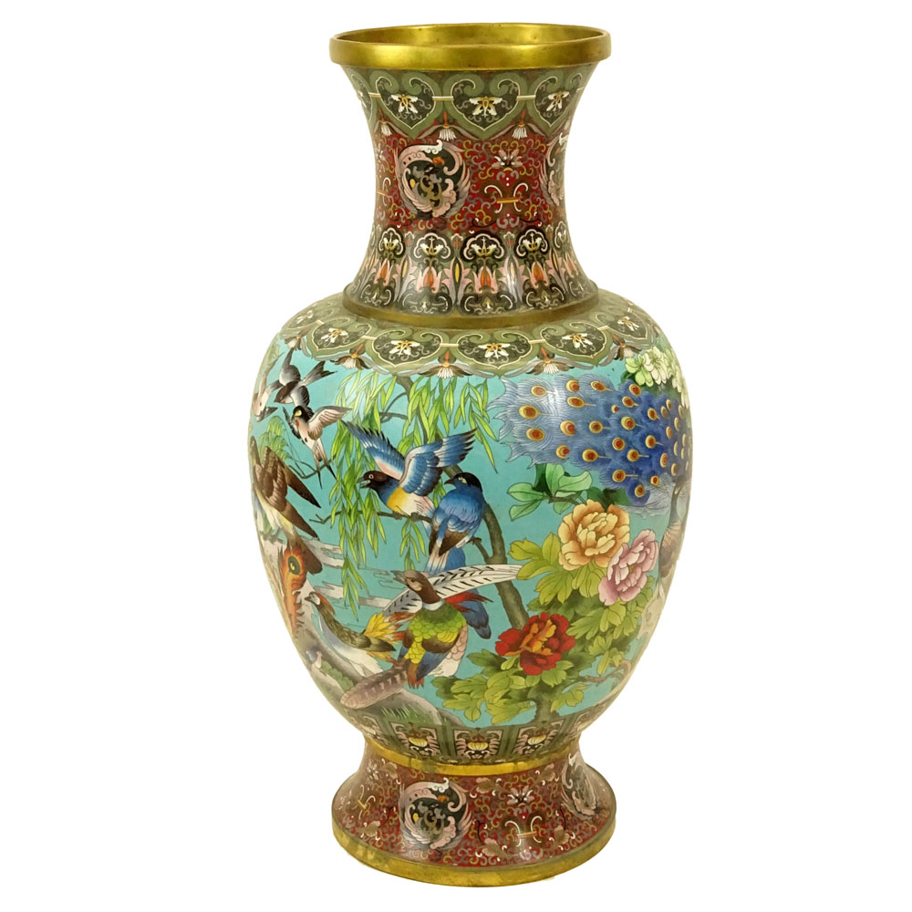 Large 20th Century Chinese Cloisonne Vase with Bird Motif.