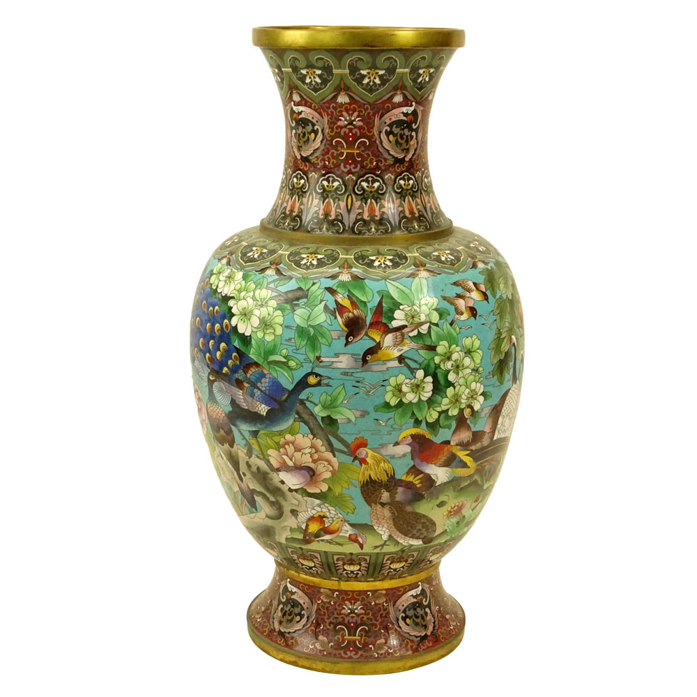 Large 20th Century Chinese Cloisonne Vase with Bird Motif.
