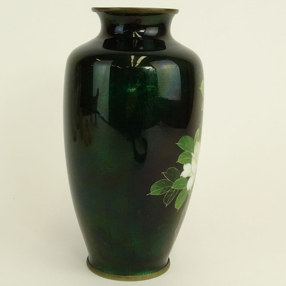 Vintage Japanese Cloisonne Vase. Flowering branches on green ground.