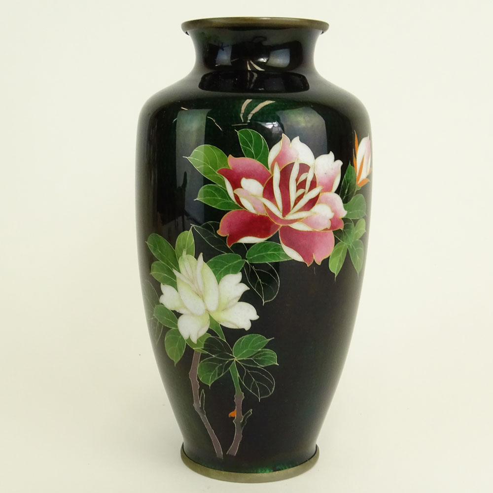 Vintage Japanese Cloisonne Vase. Flowering branches on green ground.