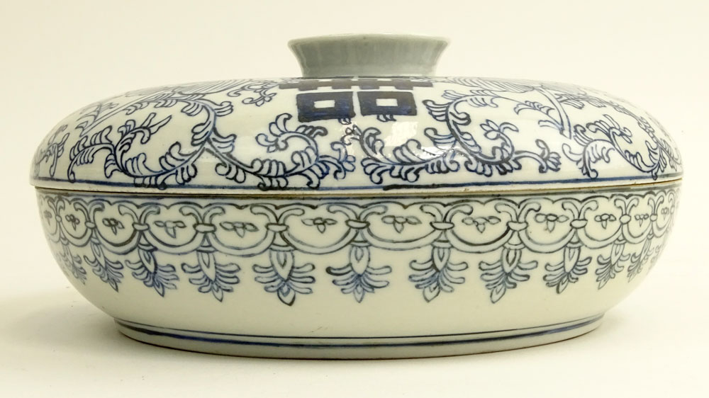 20th Century Chinese Blue and White Double Happiness Covered Compartmental Serving Dish.