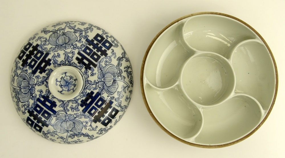 20th Century Chinese Blue and White Double Happiness Covered Compartmental Serving Dish.