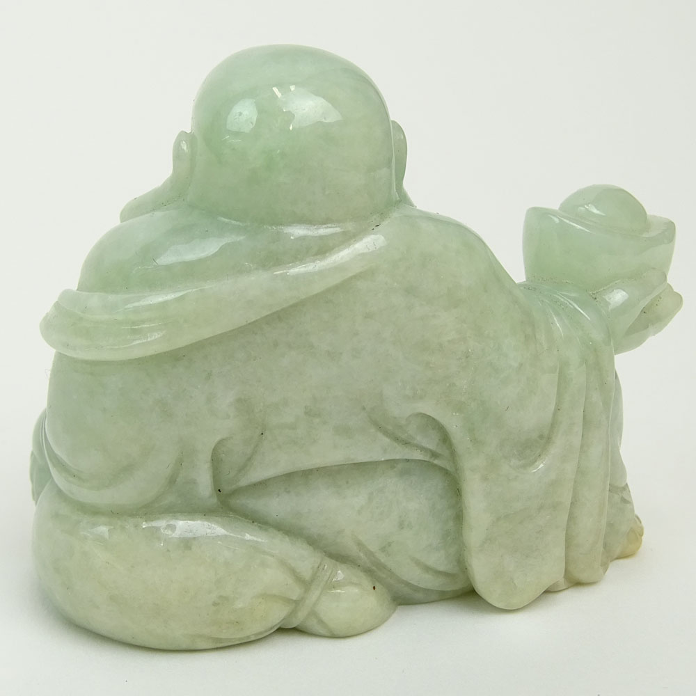 Nicely Carved Vintage Chinese Pale Green Jadeite Buddha Figure.