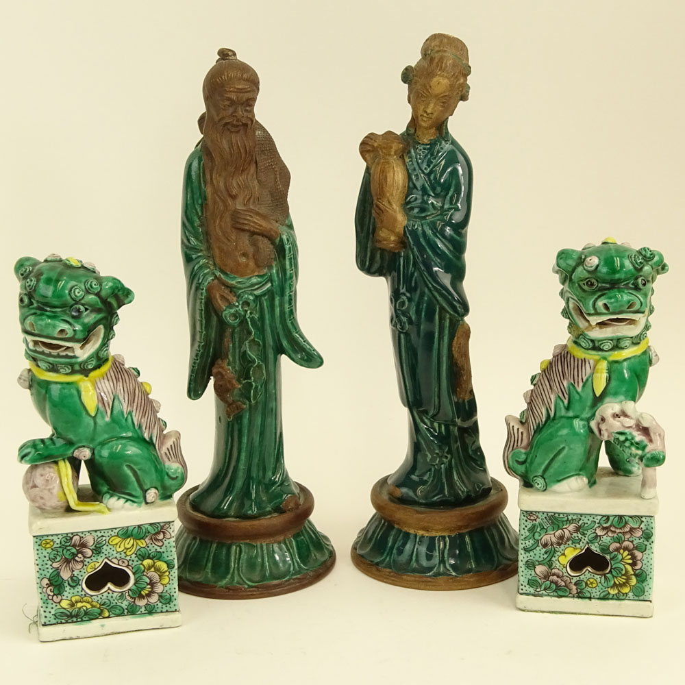 Two Pair of Vintage Chinese Figures. One pair green glazed terracotta Emperor and Empress.