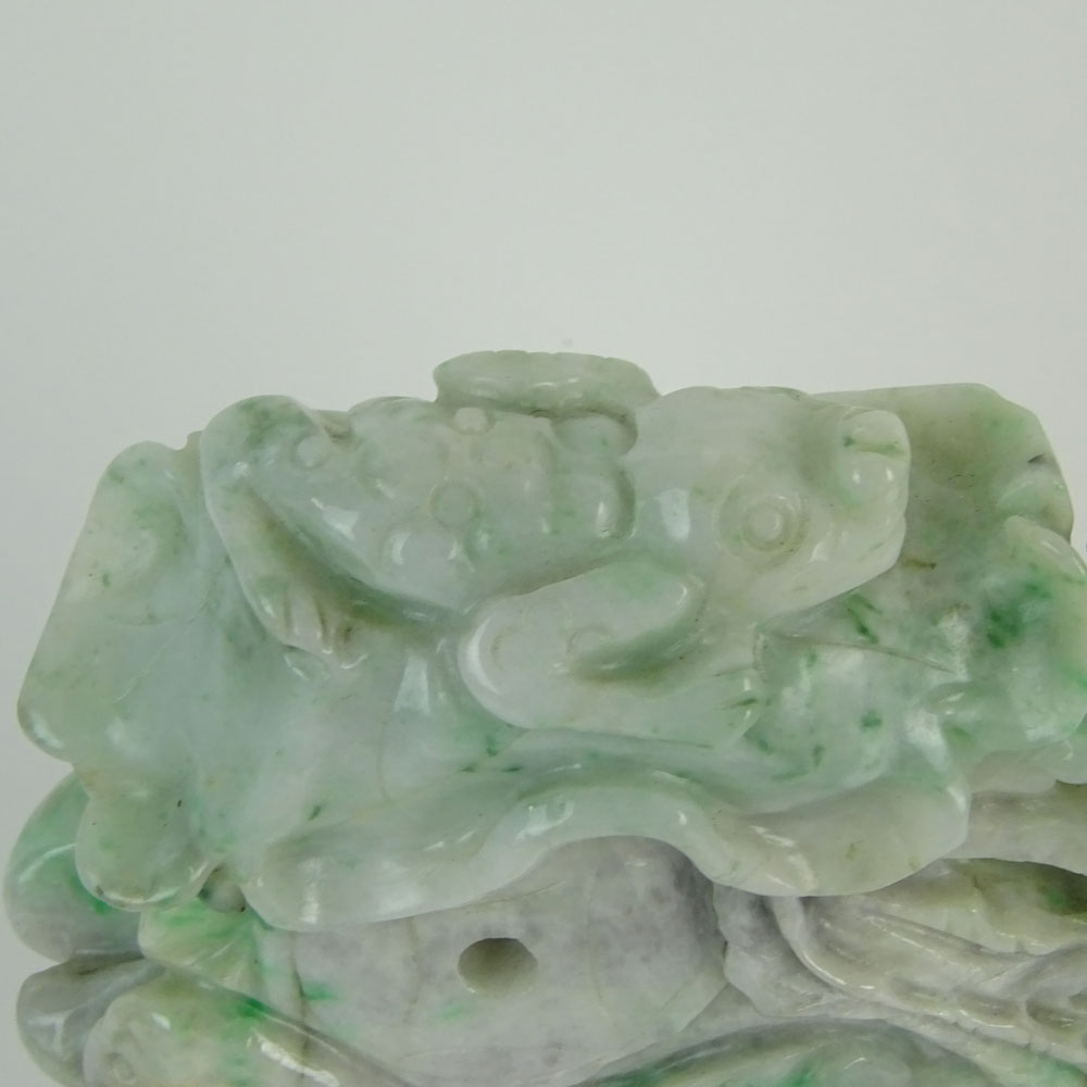 Chinese Jadeite Jade on Stand, Fish and Lotus Flower Motif. Carved hardwood stand.