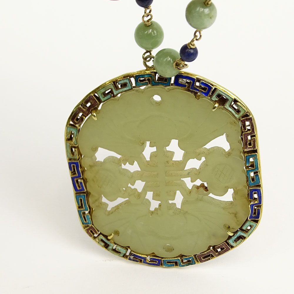Chinese Celadon Jade Bead, Cloisonne Bead and 14 Karat Yellow Gold Necklace with Carved Celadon Pendant. 