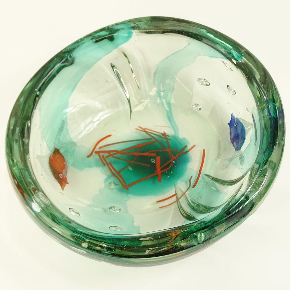 Large and Heavy Contemporary Art Glass Bowl with Fish Motif.