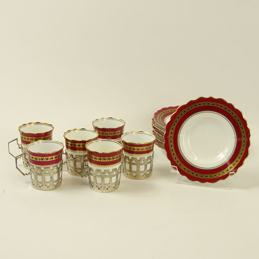 Set of 6 Mid 20th Century Aynsley Porcelain Demitasse Cups in Sterling Silver Holders with Saucers In Original Fitted Faux Shagreen Covered Case.