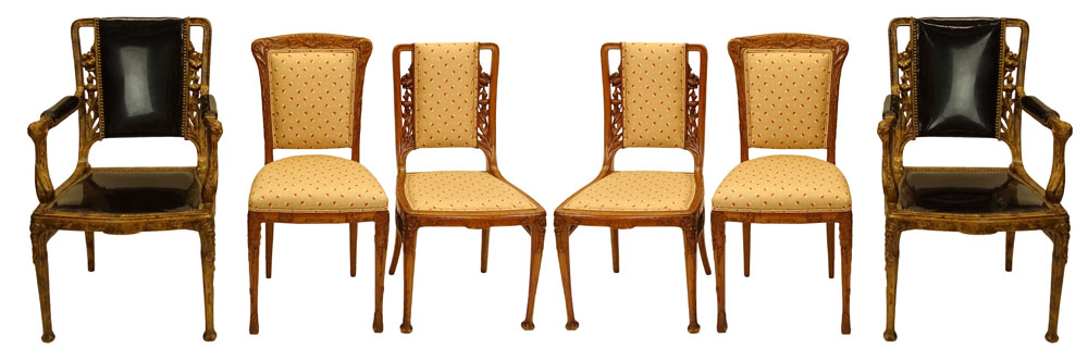 Assembled Set of Six (6) Art Nouveau Carved Wood Chairs.