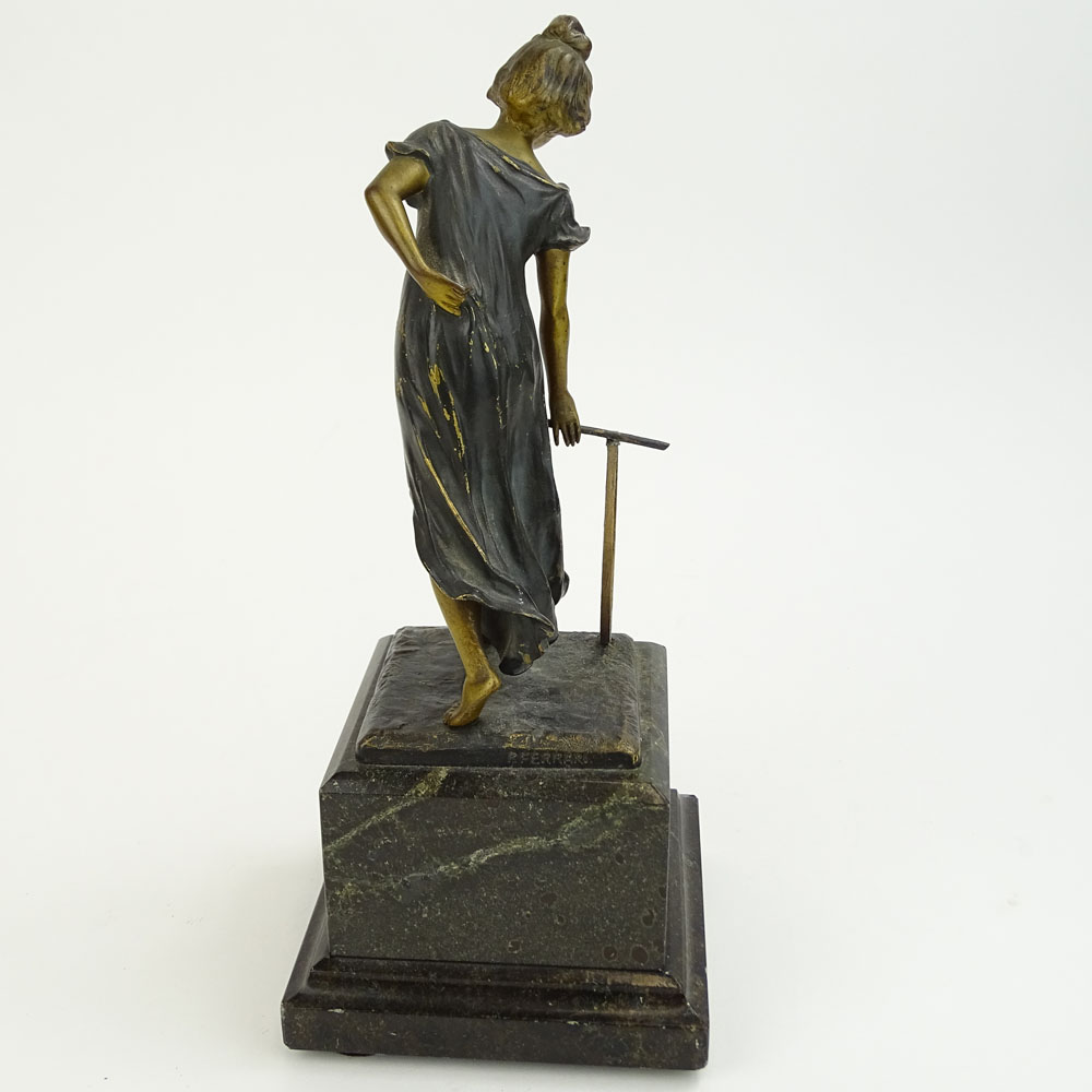 Paolo Ferrari, Italian (19/20th C) Patinated bronze sculpture on marble base "Girl With Hoop" 