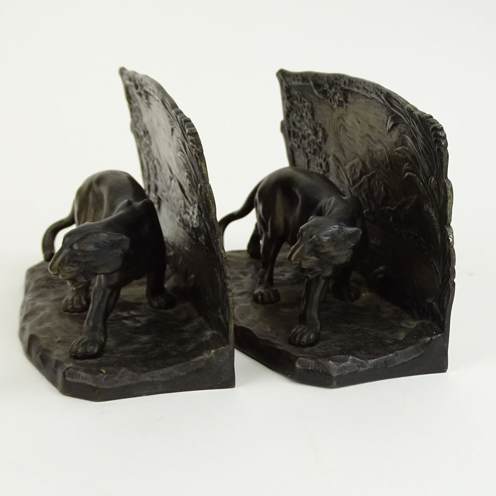 Pair of Austrian Bronze Bookends "Wildcats in Landscapes" 
