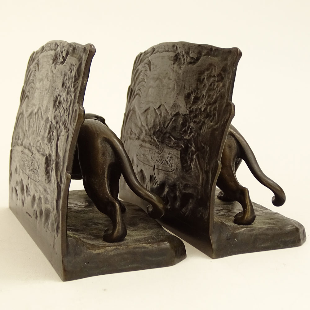Pair of Austrian Bronze Bookends "Wildcats in Landscapes" 