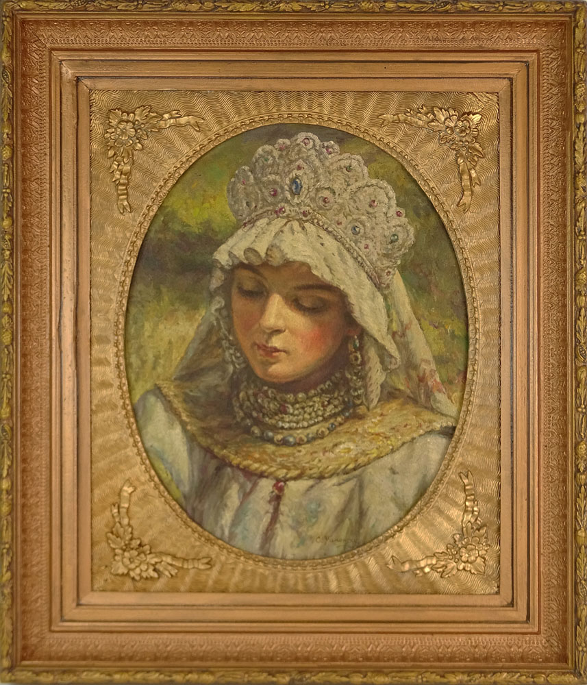 Russian painting in oval frame signed C. Makowsky. Signed lower right.