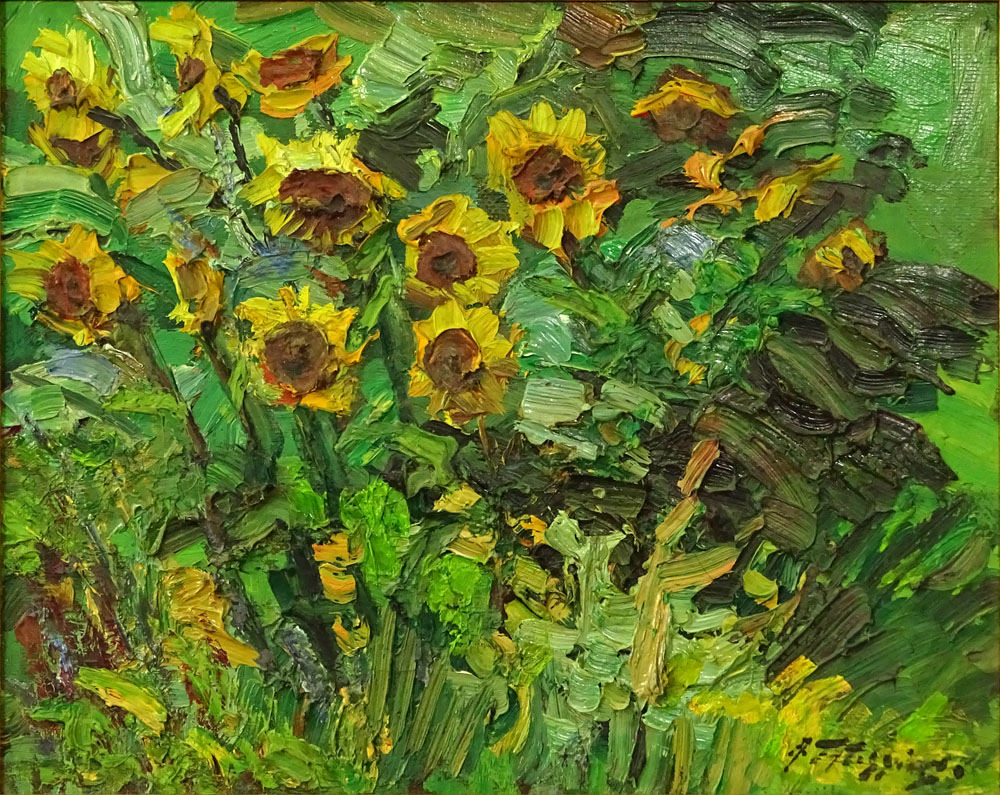 Armand Tatossian, Armenian Canadian (born 1948) Impasto on Canvas, Landscape with Sunflowers. 