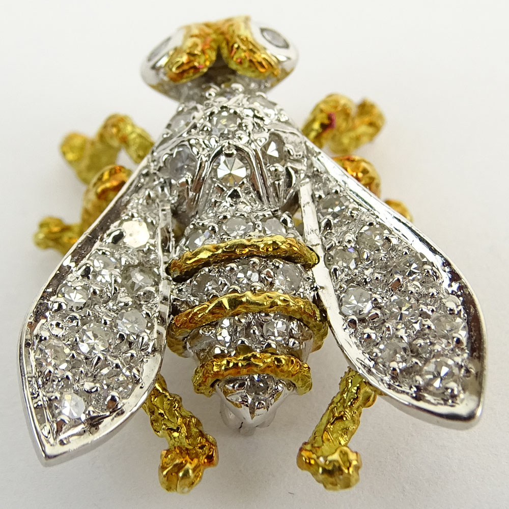 Vintage Round Cut Diamond and 18 Karat Yellow and White Gold Fly Brooch.