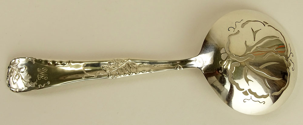 Antique Tiffany & Co. Vine-Peapod Pattern Sterling Silver Pea Spoon, ca. 1872. Monogrammed.