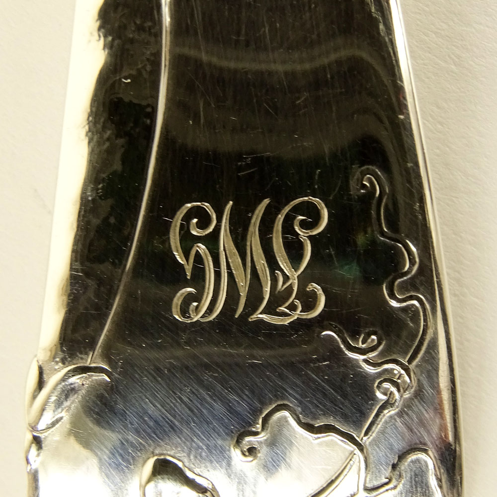 Antique Tiffany & Co. Vine-Peapod Pattern Sterling Silver Pea Spoon, ca. 1872. Monogrammed.