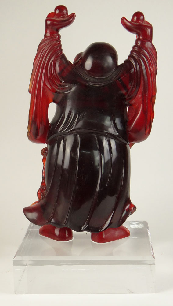 Very Large Vintage Chinese Cherry Amber Style Buddha on Lucite Base.