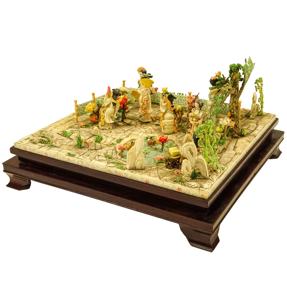 Large Mid 20th Century Chinese Carved and Polychrome Bone Group on Wood Base, Garden Scene with Figures, Flowers, Pond and Tree. 