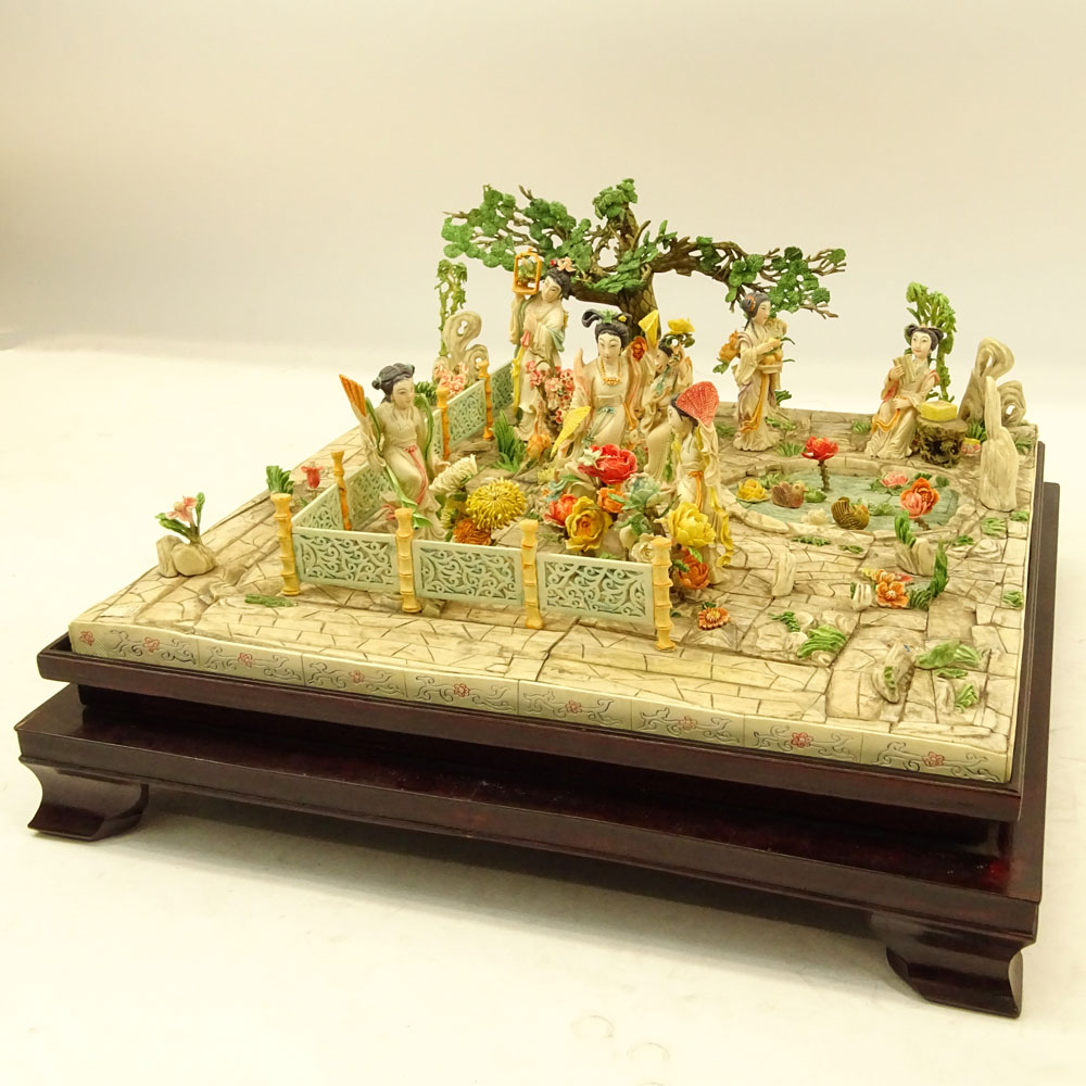 Large Mid 20th Century Chinese Carved and Polychrome Bone Group on Wood Base, Garden Scene with Figures, Flowers, Pond and Tree. 