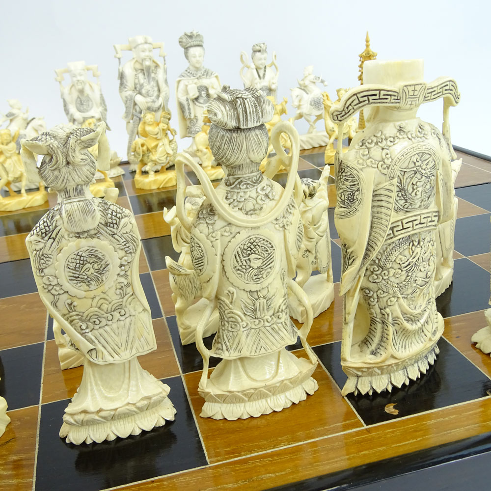 Mid 20th Century Chinese Ivory Chess Set in Mother of Pearl Inlaid Fitted Case/Chessboard.