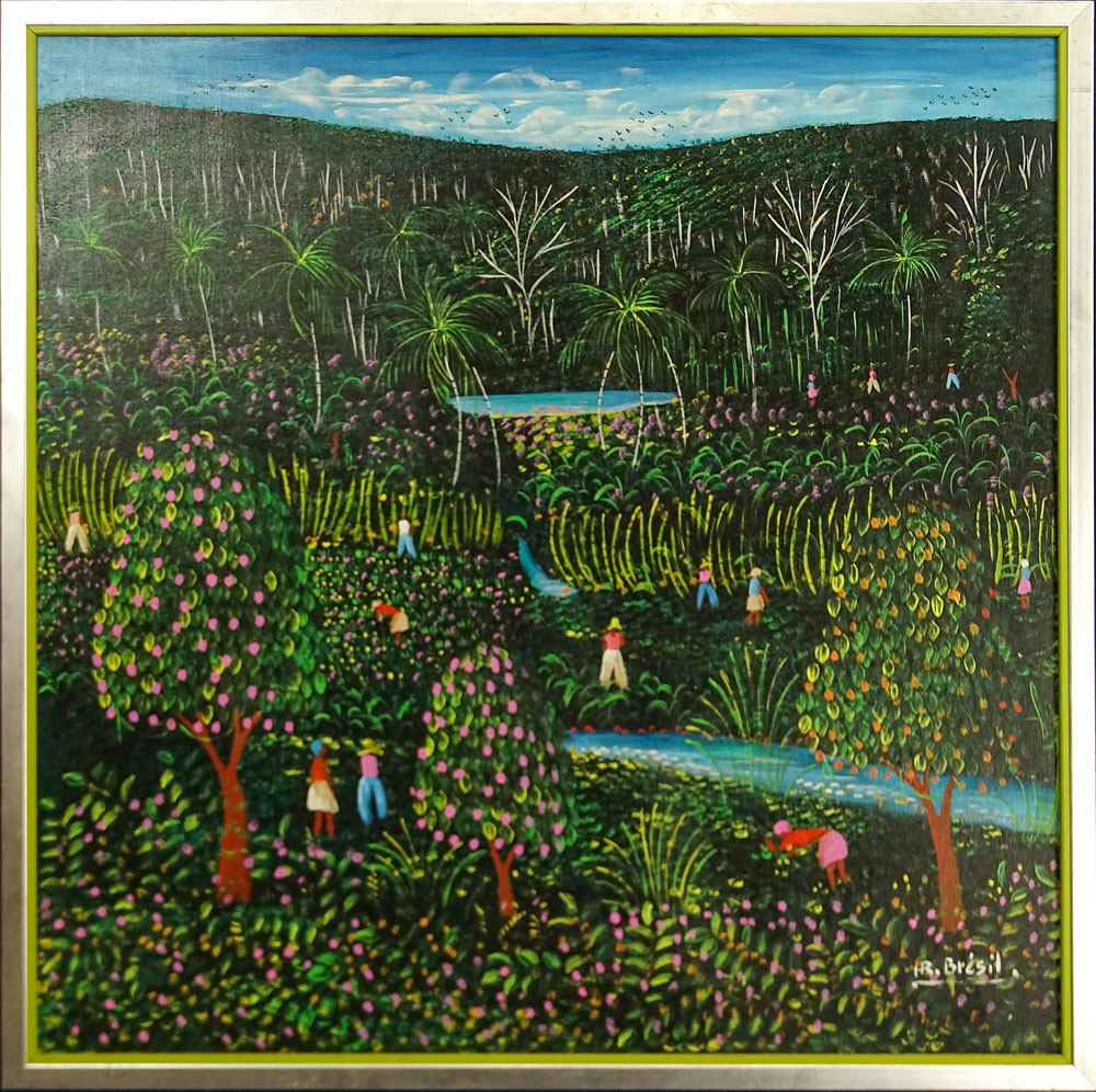 Henri-Robert Bresil, Haitian (1952-1999) Oil on masonite "Haitian Landscape" Signed lower right. 
