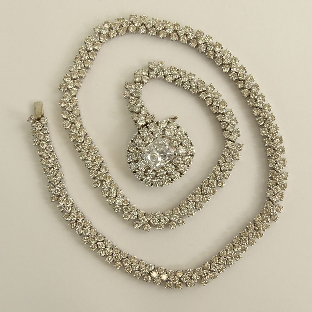 Important Fine Quality Approx. 31.0  Carat Round Brilliant Cut Diamond and Platinum Necklace with Detachable Enhancer set in the center