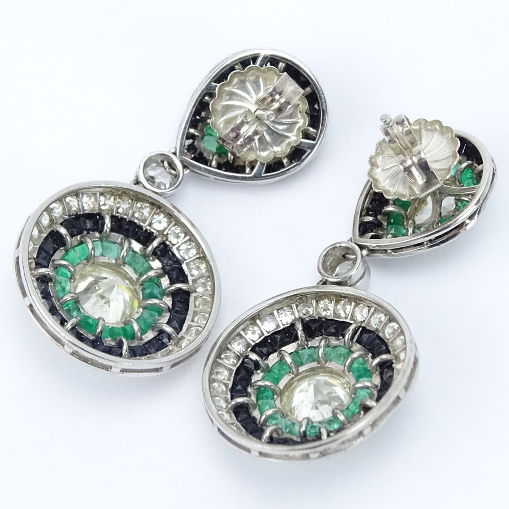 Pair of Art Deco Design Approx. 4.40 Carat Rose Cut and Old European Cut Diamond, Emerald and Platinum Pendant Earrings