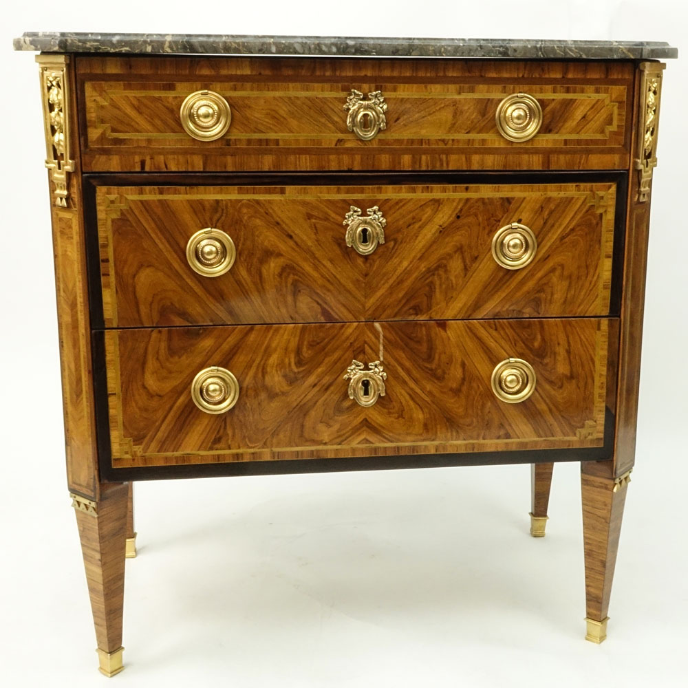 Jacques-Laurent Cosson (1737-1812) Louis XVI Marquetry Inlaid Gilt Bronze Mounted Marble Top Commode