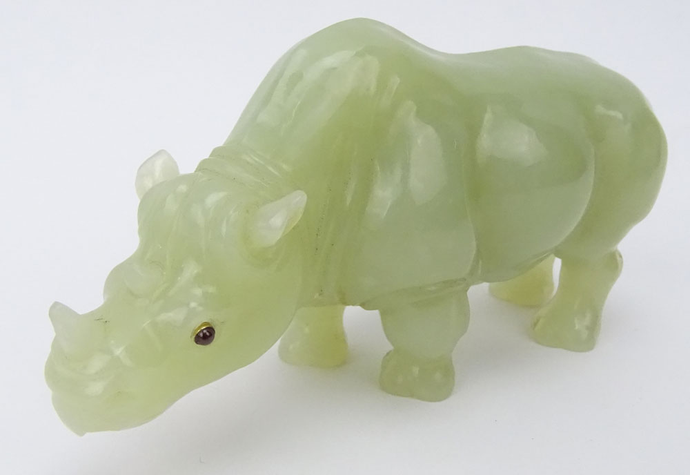 Collection of Three (3) 20th Century Russian Carved Stone Animal Figures Including a Carved Jade Rhino, a Carved Obsidian Hippo and a Miniature Carved Jade Hippo all in a fitted wood box signed Faberge