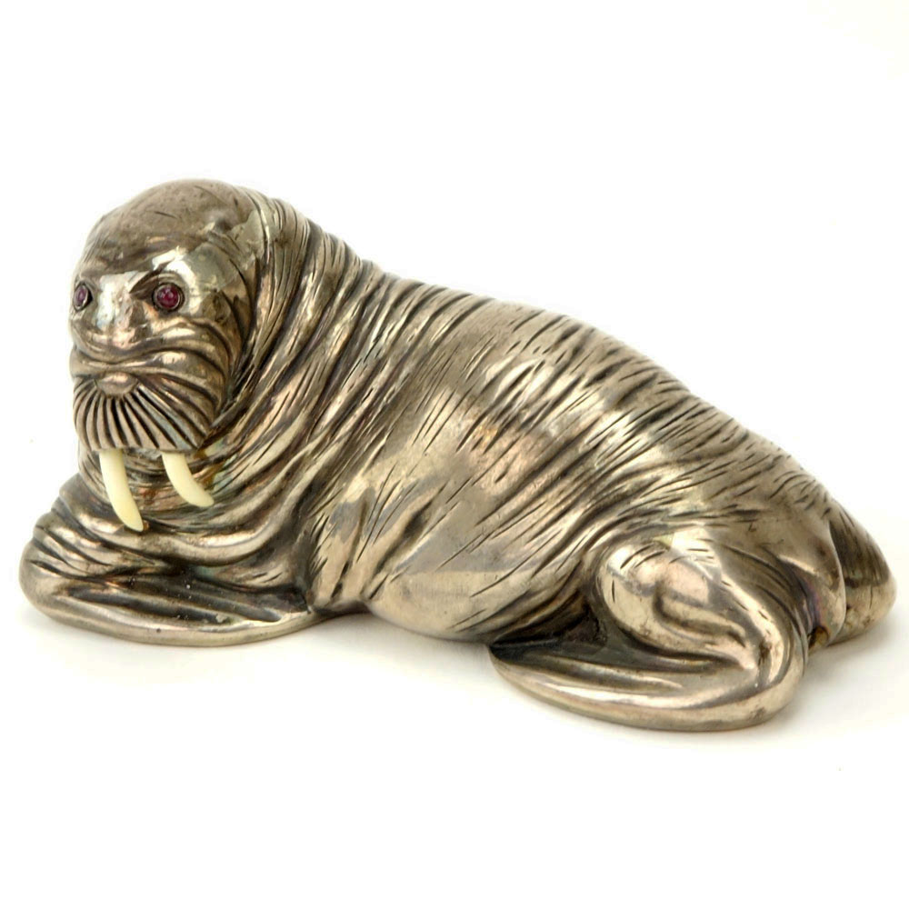 20th Century Russian 88 Silver Figural Walrus with Ruby Eyes