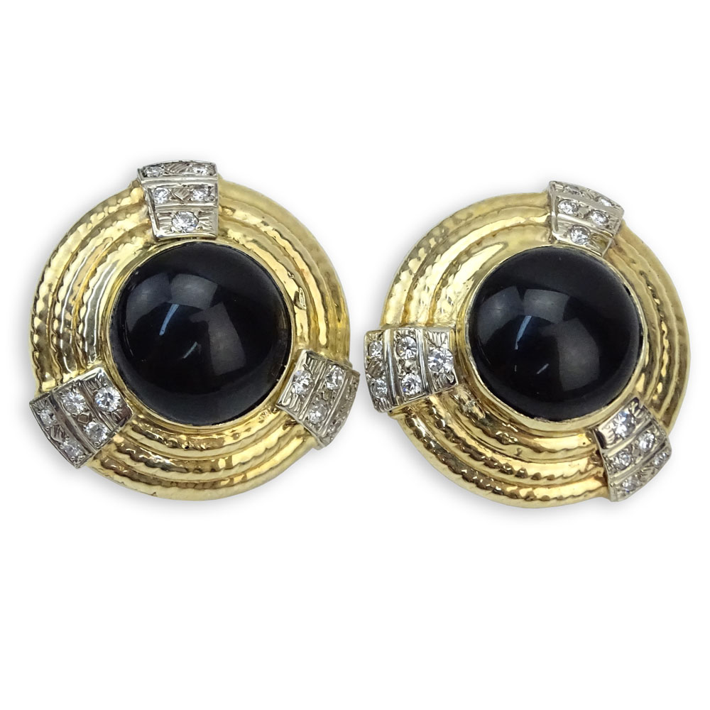 Pair of Vintage Italian Round Brilliant Cut Diamond, Black Onyx and 14 Karat Yellow Gold Earrings