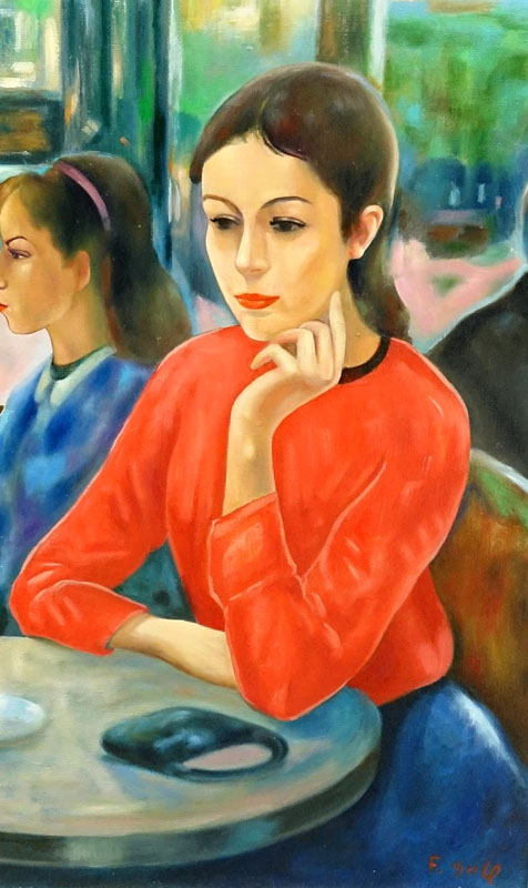 After: François Gall, French (1912-1987) Oil on Canvas "Jeune Fille au Café" Signed Lower Right