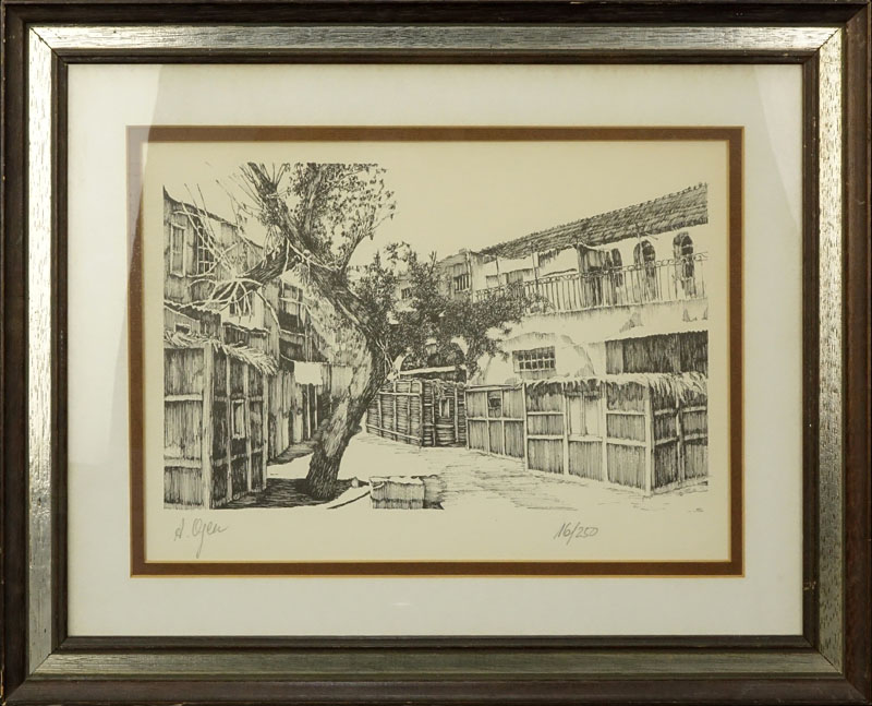 Ari Ogen, Israeli (20th Century) Original Etching "Tree near Village" Pencil Signed and Numbered 16/250